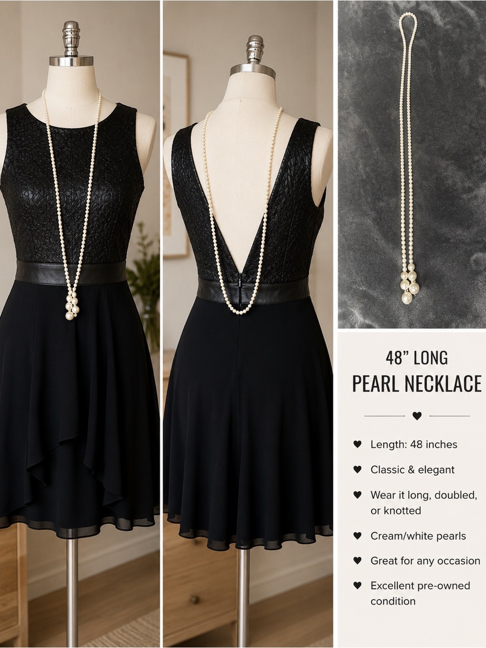 48” Long Faux Pearl Necklace Classic Vintage Style Double Strand Look